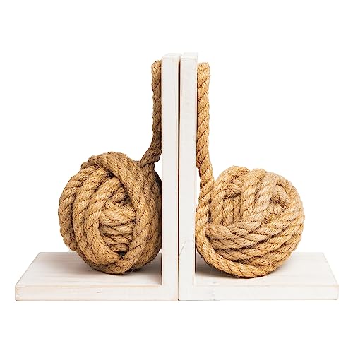 Defined Deco Decorative Bookends,Vintage Wood Bookends with Heavy Nautical Knot Rope,Beach House Book Ends for Shelves,Sturdy Book Holders,L Shaped Bookends for Office,Home Decoration,Pack of 2.