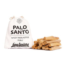 Load image into Gallery viewer, Luna Sundara Palo Santo Sticks from Peru Sustainably Wild Harvested Quality Hand Picked 100 Grams Authentic Smudge Sticks Includes a Reusable Drawstring Bag.
