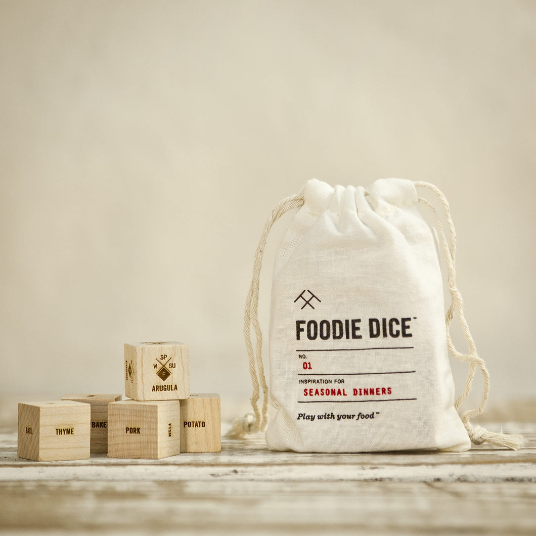 Foodie Dice® No. 1 Seasonal Dinners (pouch) - Classic Edition // Laser engraved wood dice for cooking inspiration